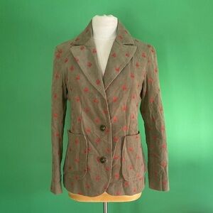 NWT Orla Kiely Olive tan corduroy blazer with red floral embroidery